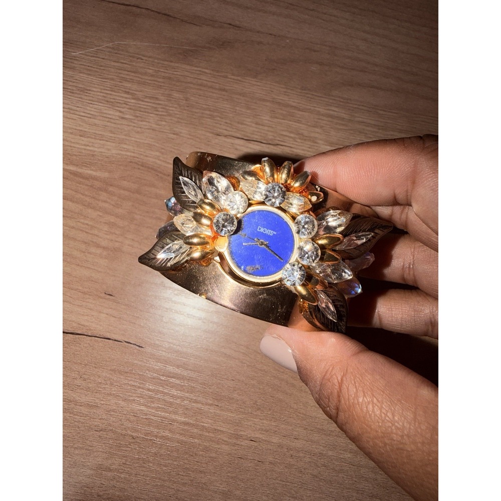 Bonetto Rhinestone Cuff Watch Bold Crystal Floral Burst Bracelet Quartz